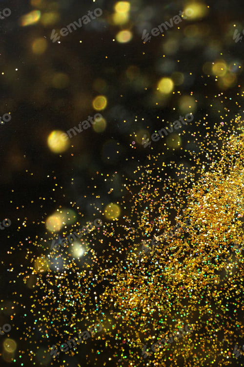 Preview: Shiny golden glitter on blurred background with bokeh effect. Space for text