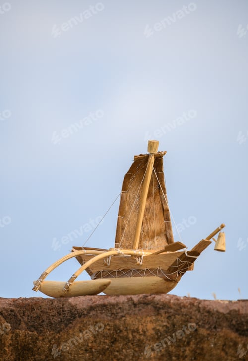 Preview: Handmade small traditional wooden boat showcase at Galle fort. miniature woodwork souvenirs.