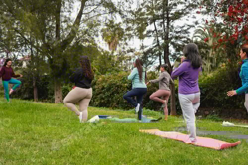 Preview: Multiracial women with different age doing yoga class at city park with teacher
