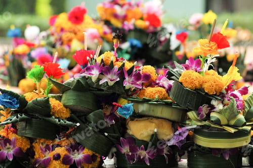 Preview: Closeup pile of waste after Loy Krathong festival in Thailand.