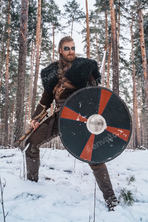 Preview: Viking Warrior with Axe and Shield in Snowy Woods