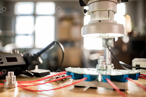 Preview: Modern microscope, connectors component and large green microcircuit in workshop laboratory