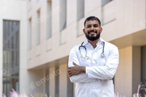 Preview: Portrait of a young doctor student, an intern standing outside the medical building and looking at
