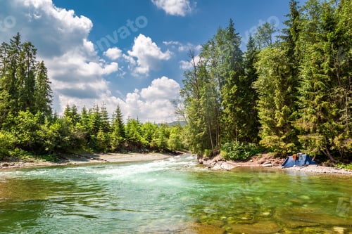 Preview: Small tent on the banks of wild river, Tatras mountains