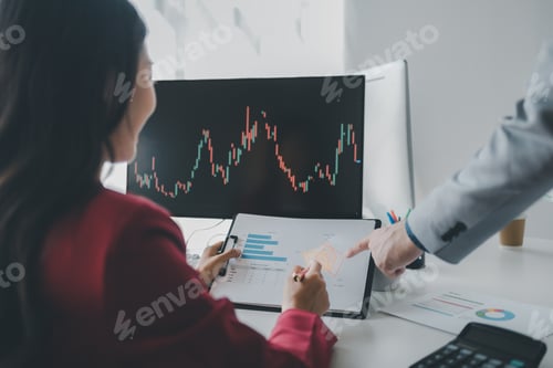 Preview: Two investors look at stock insights to analyze risk, stock investing businessman analyzing stock ma