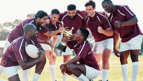Preview: Sports, winner and rugby team with trophy from winning competition, match and sport game. Success,