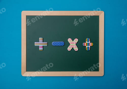 Preview: Green chalkboard with wooden frame, colorful math operation signs