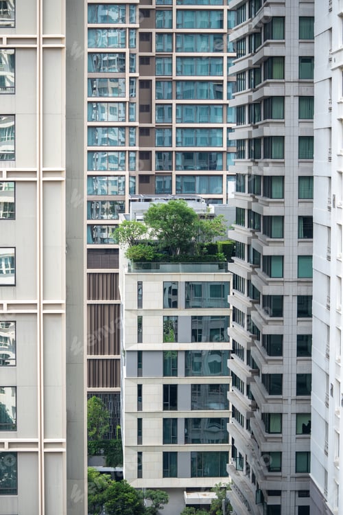 Preview: Rooftop pool and garden on skyscraper floor with trees and bushes, high rise green eco space