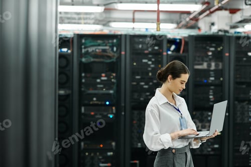 Preview: An IT specialist in a white shirt works diligently in a busy server room, handling technology.