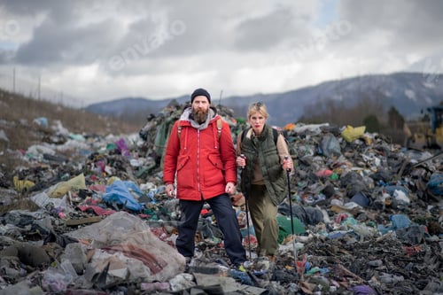 Preview: Man and woman hikers on landfill, environmental concept