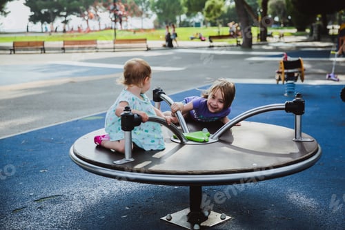Preview: Two happy sisters playing on the children's playground on the carousel. Kids always like to turn
