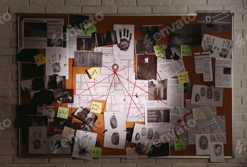 Preview: Detective board with fingerprints, photos, map and clues connected by red string on white brick wall