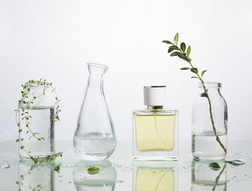 Preview: the production of perfume. Several glass vessels with perfumed water and flowers on a mirrored table