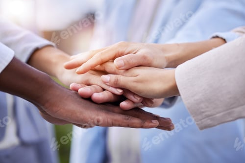 Preview: Team, doctors and stack hands for motivation, support and collaboration with trust, solidarity and