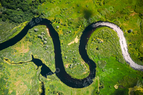 Preview: Aerial View Green Forest Woods And River Landscape In Sunny Spring Summer Day. Top View Of Beautiful