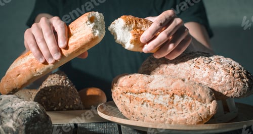 Preview: baker holding fresh bread in hands