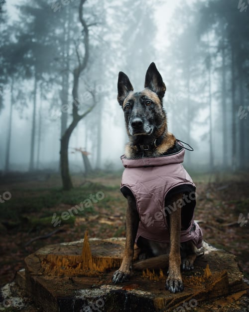 Preview: Closeup of a German Shepherd in a pink jacket in a foggy forest