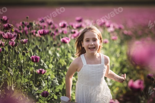 Preview: Adorable little girl with long hair in white dress lonely walking in the Lilac Poppy Flowers field