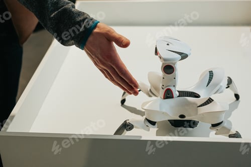 Preview: Futuristic interactive robot toy at exhibition of modern technologies. Smart technology, future.