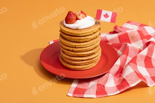 Preview: Canada Day traditional food concept. A girl in a classy cafe eats in Canada. Breakfast and lunch.