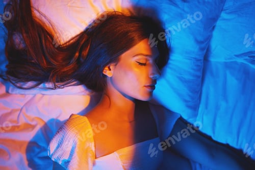 Preview: Sleeping profile, vaporwave lights and woman with cosmetics with creative neon lighting. Makeup, be
