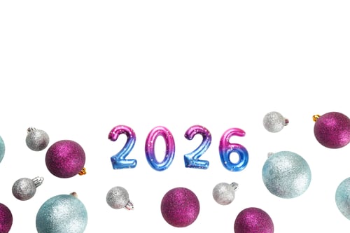 Visualização: Ornamentos brilhantes e balões festivos decoram, em branco