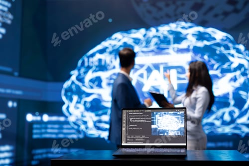 Preview: Close up of laptop used by employees developing AI systems in tech startup