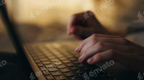 Preview: Night hands typing laptop closeup. Busy manager person finishing work project.