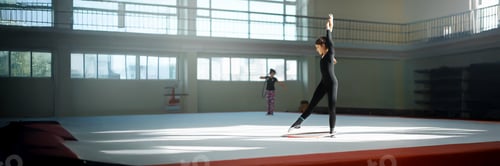 Preview: Young Gymnasts Practicing in Wide Banner with Copy Space