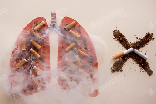 Preview: Tobacco and cigarette butts. Stop smoking message. Cigarette, nicotine damages, no tobacco day