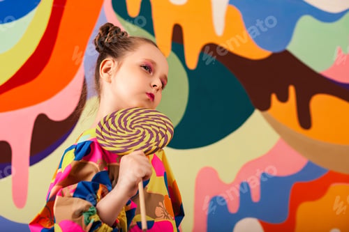 Preview: Dreaming little girl posing with round large lollipop at multi colours wall, dream looking
