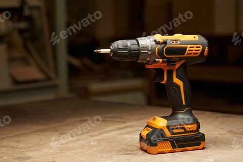Preview: horizontal shot of a cordless electric screwdriver with a cross-shaped bat on which light falls. on