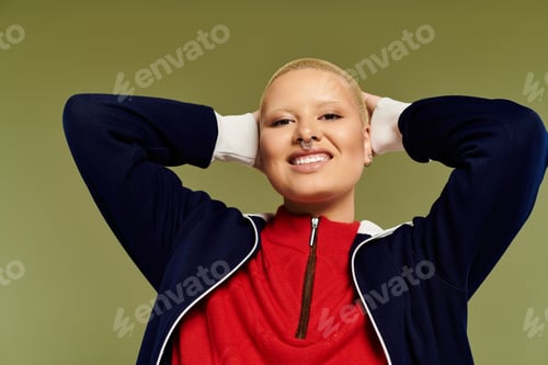 Preview: A joyful young woman with a shaved head enjoying a vibrant moment in a colorful outfit
