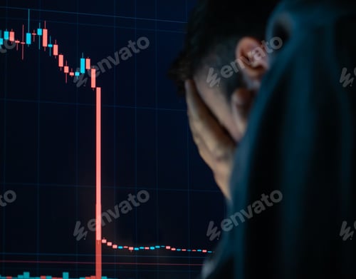 Preview: Frustrated depressed man holding head in hands shocked when global stock market going down.