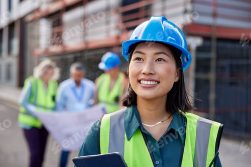 Preview: Confident chinese engineer thinking about new constraction site