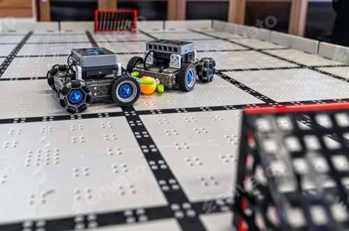 Preview: Small robots compete in a technology display at a robotics event in a classroom setting