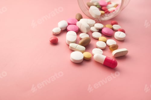 Preview: Close up of colorful pills and medicine spilling from contianer