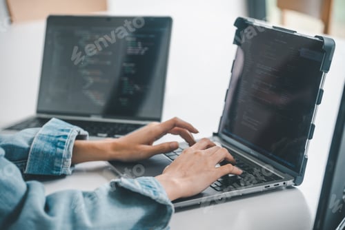Preview: Female programmer working on coding, software development and web design.