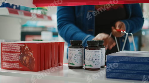 Preview: African american client taking pills from shelves