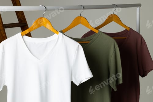 Preview: Coloured tshirts displayed on ladder and copy space on white background