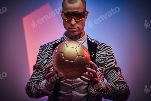 Preview: Strange styled guy poses with golden ball in abstract background
