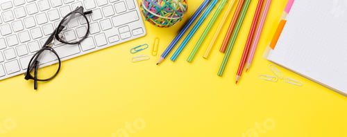 Preview: Office yellow backdrop with supplies and computer