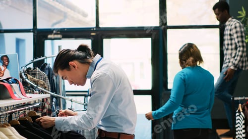 Preview: Worker arranging stylish clothes