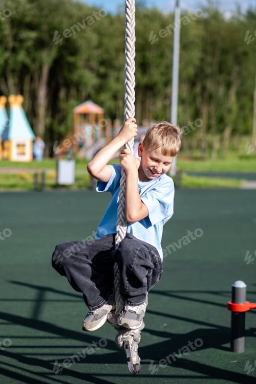 Preview: Teen boy swinging on climbing rope at outdoor sports ground in summer