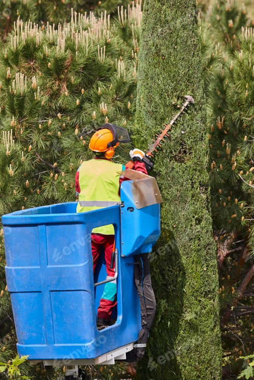 Preview: Gardener pruning a cypress with a chainsaw and a crane