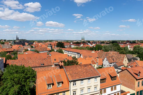 Preview: Scenic panoramic view traditional shingle tiled red rooftop old ancient medieval european german