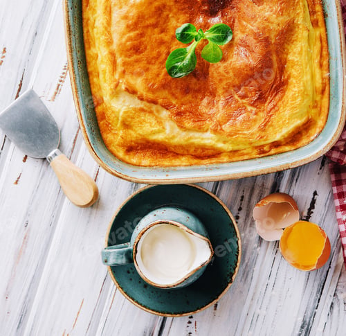 Preview: Delicious pie with meat and basil on wooden table, flat lay