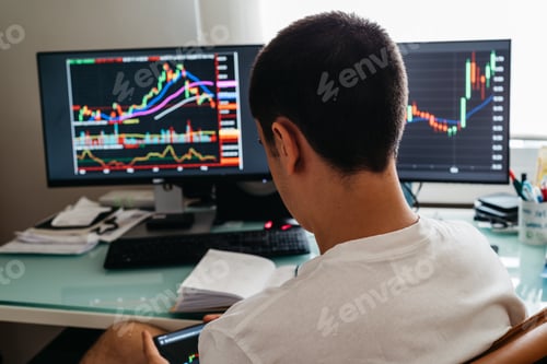 Preview: Successful young trader in casual wear working with charts and market reports at home