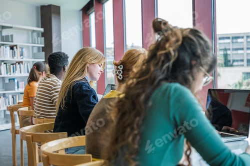 Preview: Group of students from different cultures studying in the university library