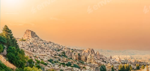 Preview: Scenic view of Goreme town in the Cappadocia region, Turkey at sunset